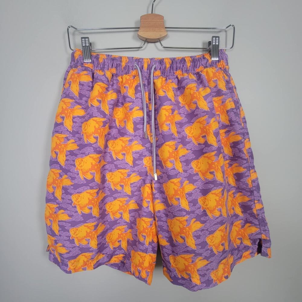 Peter Millar M Swim Trunks Goldfish Print Drawstring Mesh Lined Shorts Purple